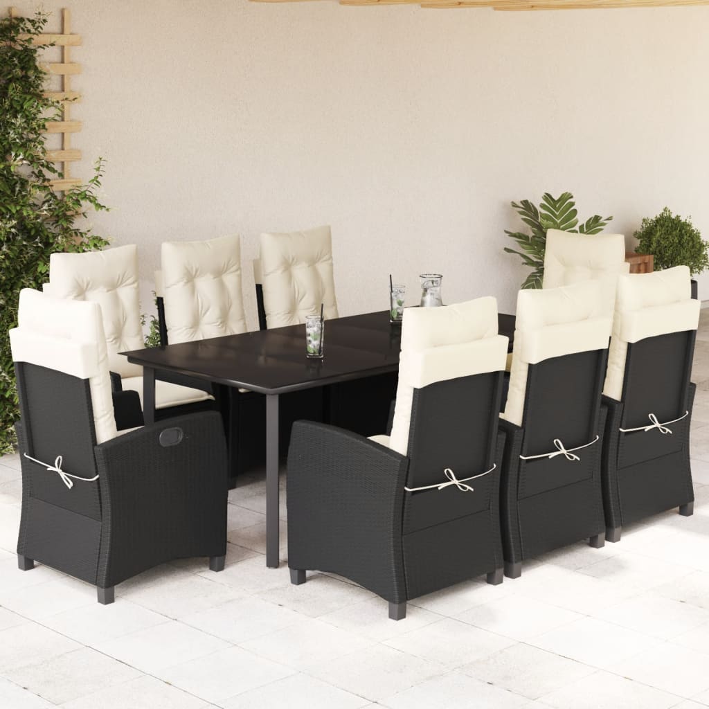 9-tlg. Garten-Essgruppe mit Kissen Schwarz Poly Rattan